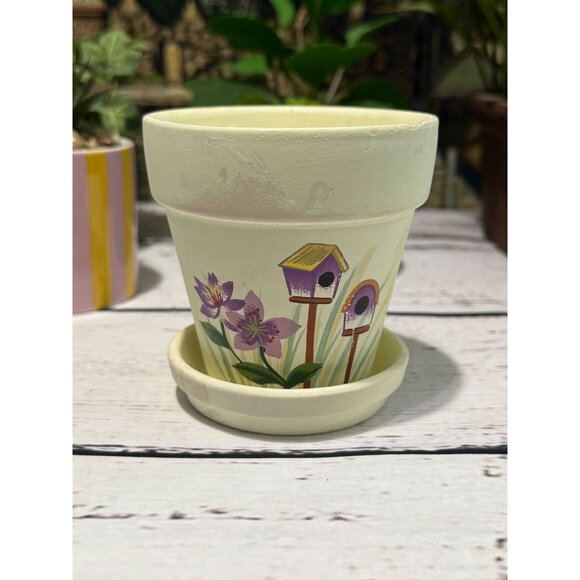 Hand-Painted Ceramic Flower Pot With Saucer - Picture 1 of 11